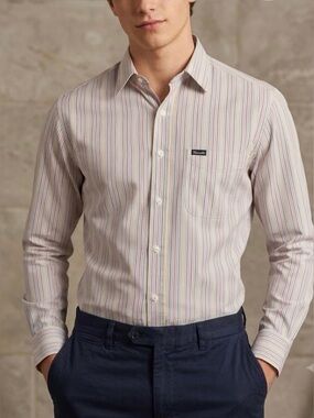 Faconnable Multi-Stripe Cotton Dress Shirt in White with Pastel Stripes size XS